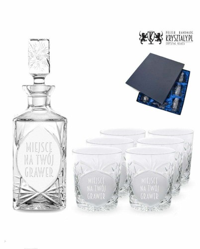 Zestaw do whisky z grawerem: kryształowa karafka z grawerem + kryształowe szklanki z grawerem 6szt w opakowaniu prezentowym Młynek MZ11