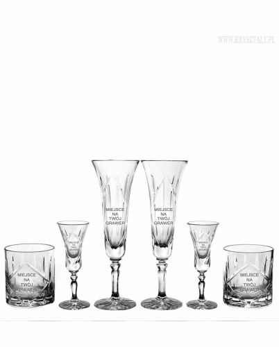 Kryształowy zestaw prezentowy dla Pary Młodej z grawerem – kieliszki do szampana 2szt, kieliszki do wódki 2szt, szklanki do whisky 2szt Simple SZ20E