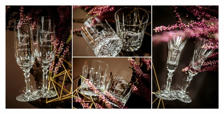 Kryształowy zestaw prezentowy dla Pary Młodej z grawerem – kieliszki do szampana 2szt, kieliszki do wódki 2szt, szklanki do whisky 2szt Simple SZ20E