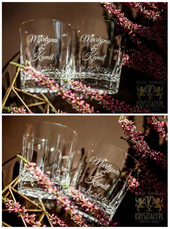 Kryształowy zestaw prezentowy dla Pary Młodej z grawerem – kieliszki do szampana 2szt, kieliszki do wódki 2szt, szklanki do whisky 2szt Simple SZ20E