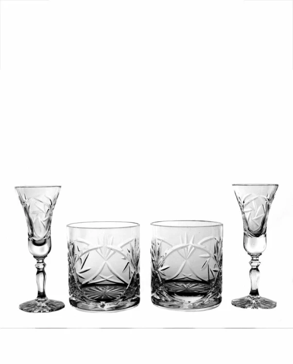 Kryształowy zestaw prezentowy dla Pary Młodej z grawerem – kryształowe kieliszki do wódki 2szt, szklanki do whisky 2szt