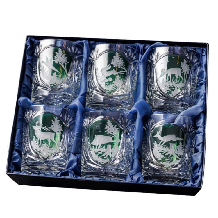 Prezent dla myśliwego - kryształowe szklanki do whisky z motywem myśliwskim zielone MK80 6szt