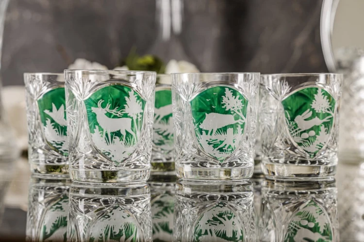 Prezent dla myśliwego - kryształowe szklanki do whisky z motywem myśliwskim zielone MK80 6szt