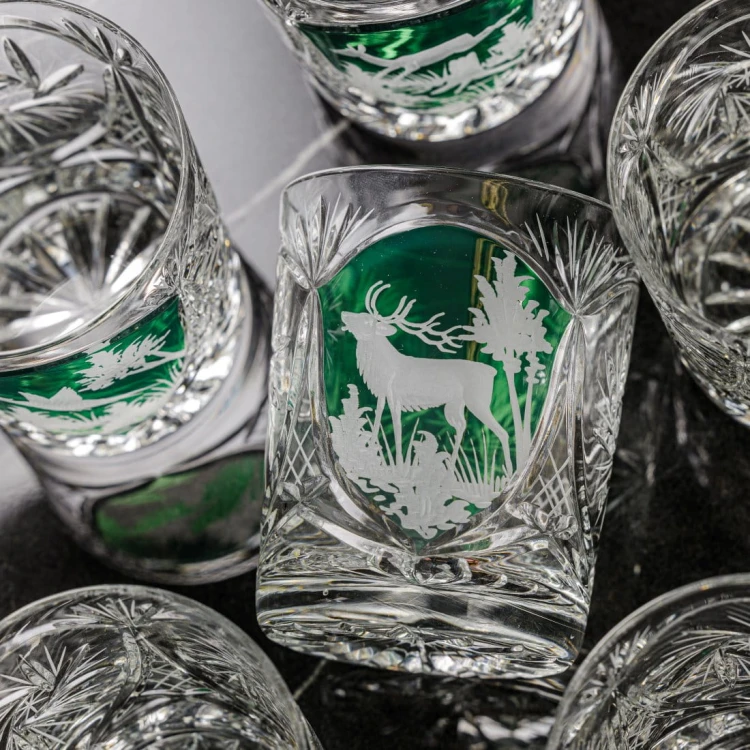 Prezent dla myśliwego - kryształowe szklanki do whisky z motywem myśliwskim zielone MK80 6szt