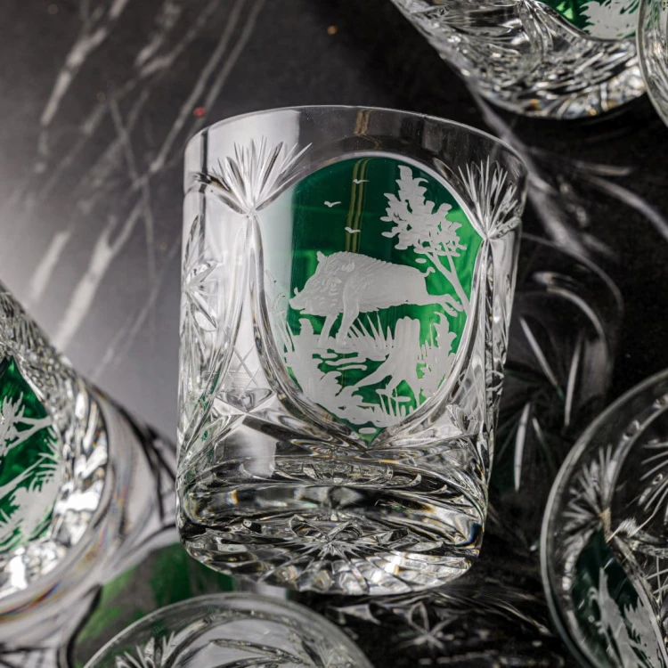 Prezent dla myśliwego - kryształowe szklanki do whisky z motywem myśliwskim zielone MK80 6szt