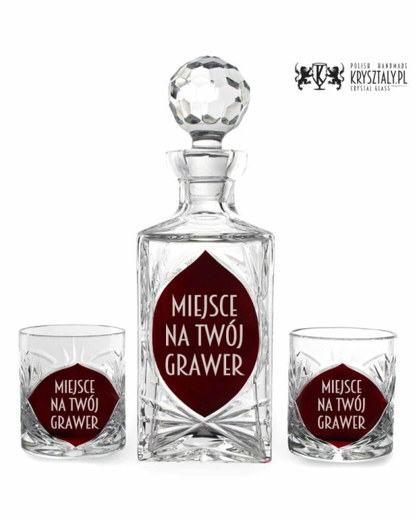 Zestaw kryształowa karafka grawerowana i kryształowe szklanki do whisky grawerowane 6szt Młynek Rubinowe  2285