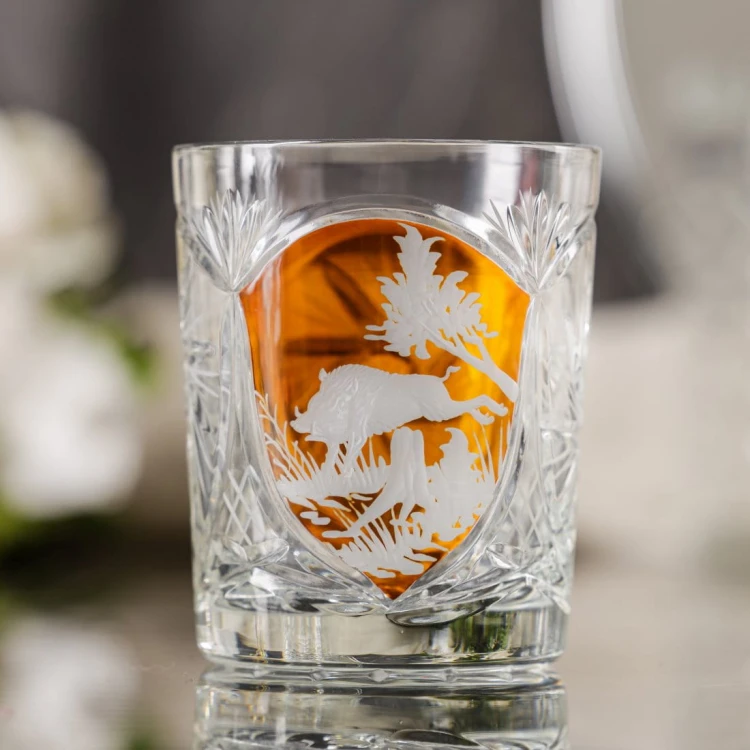 Prezent dla myśliwego – kryształowe szklanki do whisky z motywem myśliwskim bursztynowe MK80 6szt