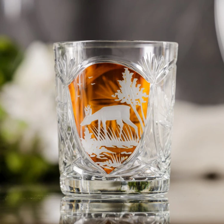 Prezent dla myśliwego – kryształowe szklanki do whisky z motywem myśliwskim bursztynowe MK80 6szt