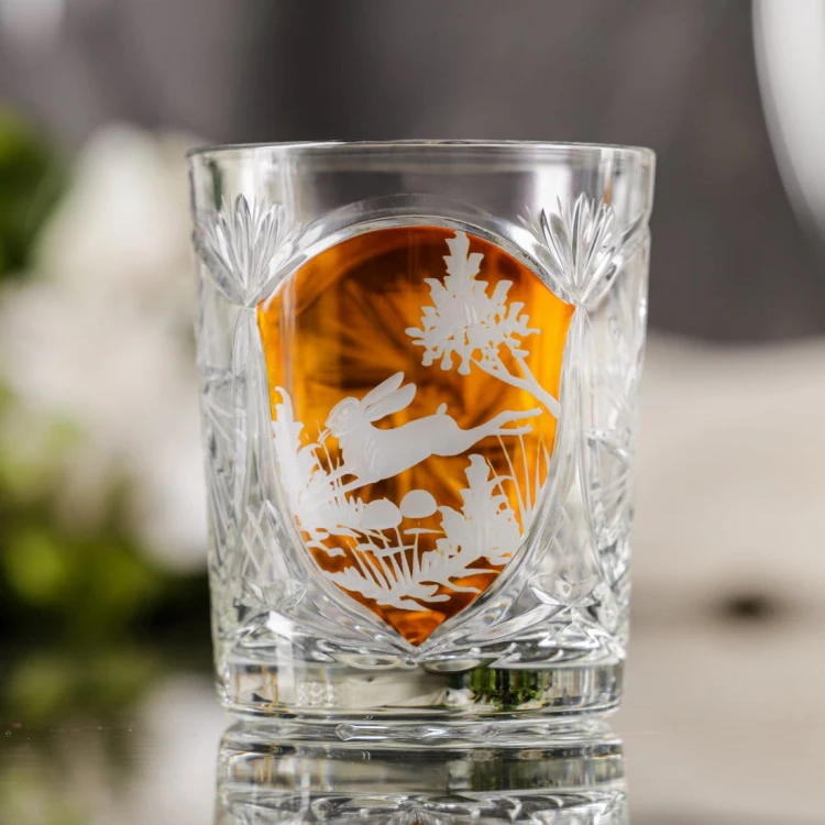 Prezent dla myśliwego – kryształowe szklanki do whisky z motywem myśliwskim bursztynowe MK80 6szt