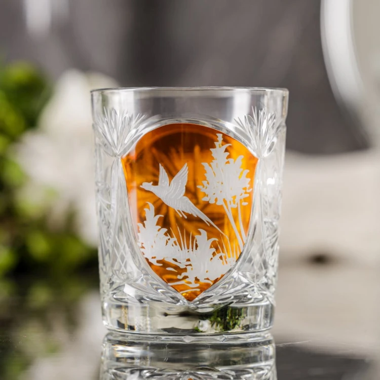 Prezent dla myśliwego – kryształowe szklanki do whisky z motywem myśliwskim bursztynowe MK80 6szt