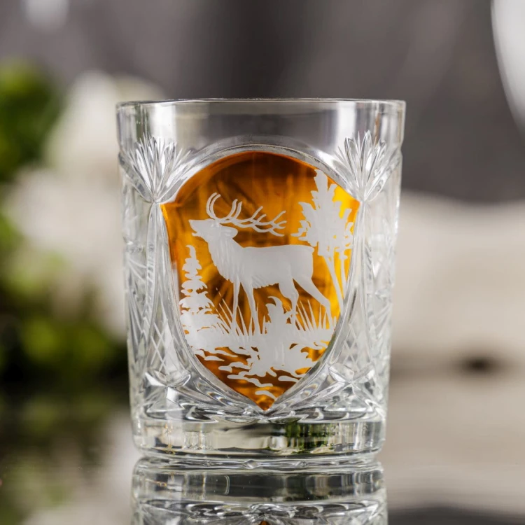Prezent dla myśliwego – kryształowe szklanki do whisky z motywem myśliwskim bursztynowe MK80 6szt
