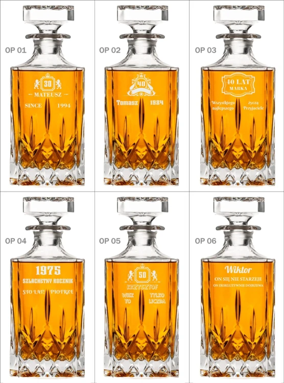 Zestaw do whisky Opera: kryształowa karafka z grawerem+ kryształowe szklanki do whisky 6szt w opakowaniu prezentowym OKP10