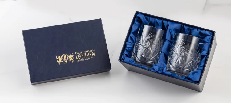 Kryształowe szklanki do whisky z grawerem 300ml Młynek MK80 2szt + opakowanie ozdobne z eko skóry