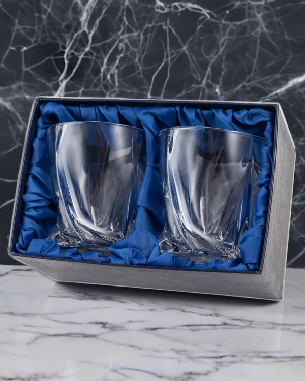 Kryształowe szklanki do whisky Quadro 340ml 2szt w pudełku prezentowym z eko-skóry