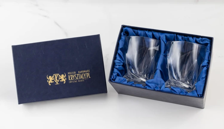 Kryształowe szklanki do whisky Quadro 340ml 2szt w pudełku prezentowym z eko-skóry