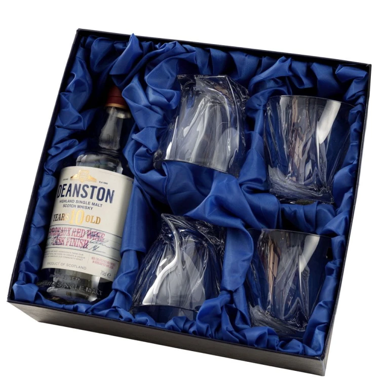 Zestaw do whisky na prezent – kryształowe szklanki do whisky 4szt Quadro w opakowaniu z ecoskóry z miejscem na butelkę