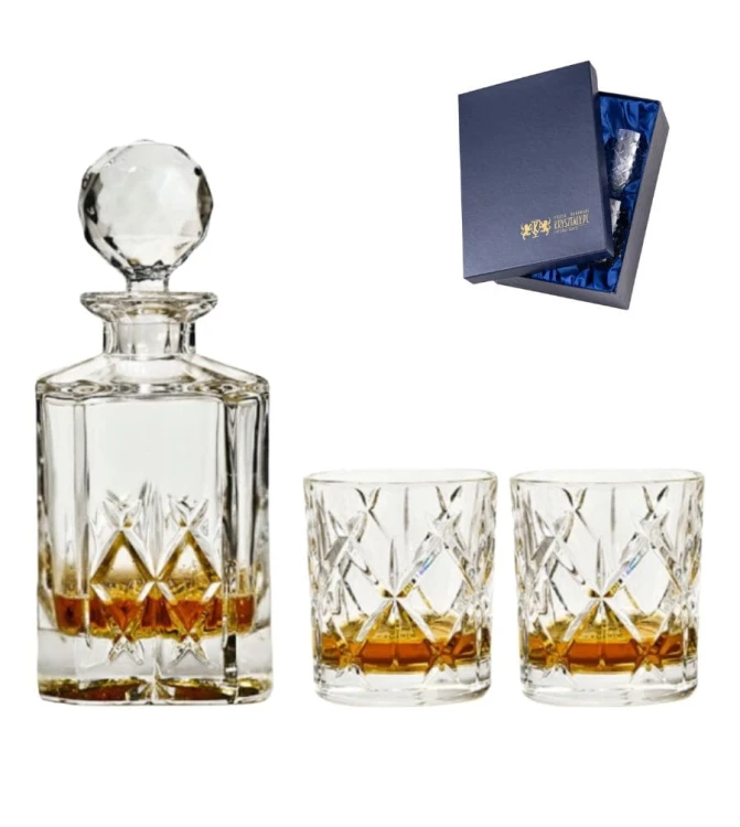 Zestaw prezentowy do whisky - kryształowa karafka + kryształowe szklanki do whisky 2szt w pudełku prezentowym