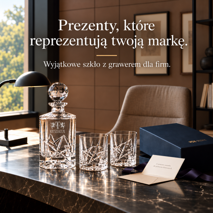 Świąteczne prezenty biznesowe – zestaw kryształowej karafki i szklanek z grawerem dla firm