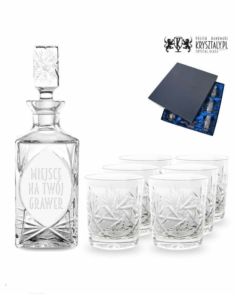 Zestaw do whisky z grawerem: kryształowa karafka z grawerem + kryształowe szklanki 6szt w opakowaniu prezentowym Młynek MZ11