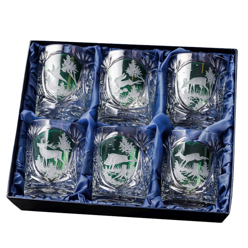 Prezent dla myśliwego - kryształowe szklanki do whisky z motywem myśliwskim zielone MK80 6szt