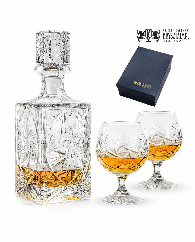 Kryształowa karafka i kieliszki do koniaku/brandy 2szt. w opakowaniu z ekoskóry MŁYNEK