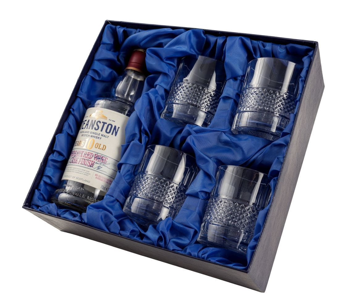Zestaw do whisky na prezent - kryształowe szklanki do whisky Crystalline Brillante 4szt w opakowaniu z ecoskóry z miejscem na butelkę